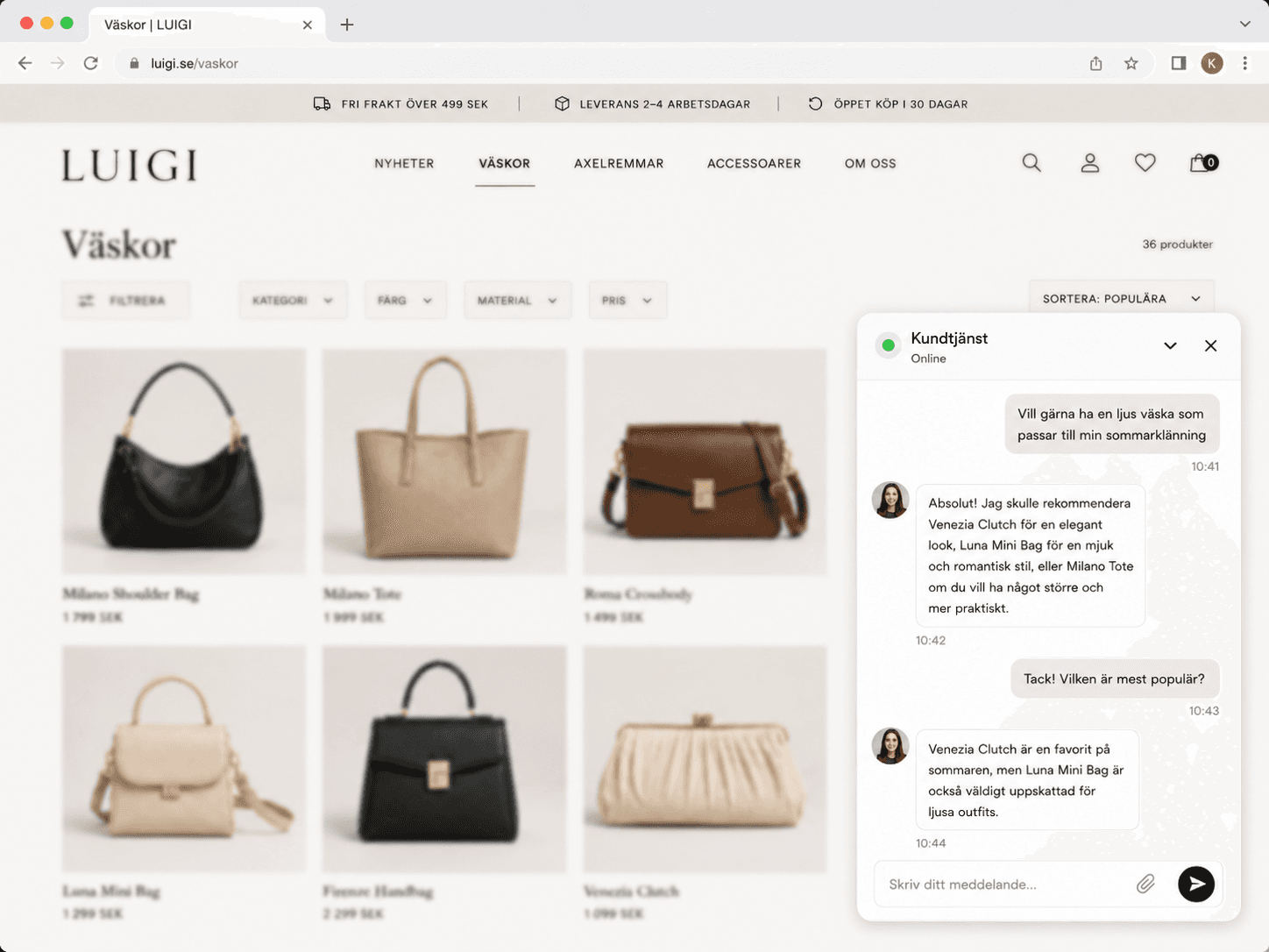 En webbutik med GoFlowride Chat öppen. Kunden frågar efter en ljus väska till en sommarklänning och assistenten föreslår tre modeller.